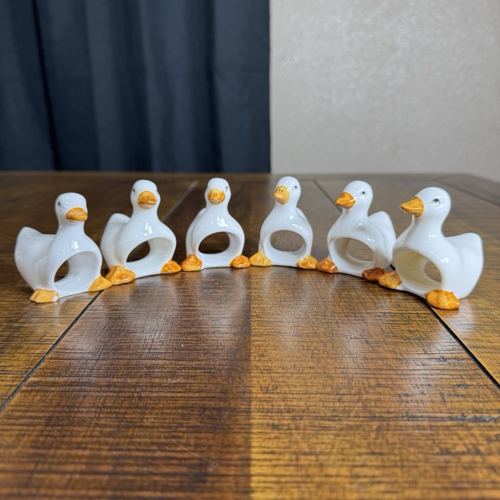 Vtg Ceramic White Duck Goose Napkin Rings Set of 6 Farmhouse Country Kitchen Lot